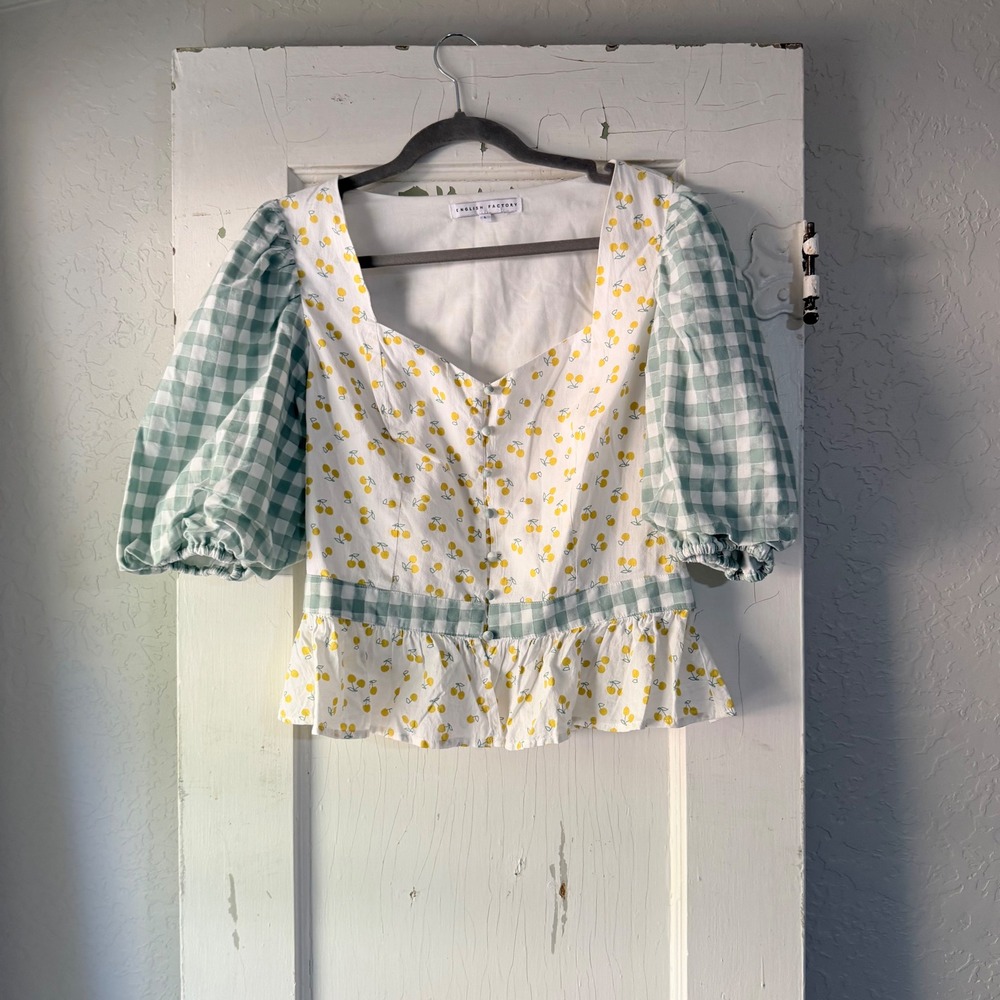 English Factory Cherry Gingham Puff Sleeve Peplum Top Large Sage Green Yellow